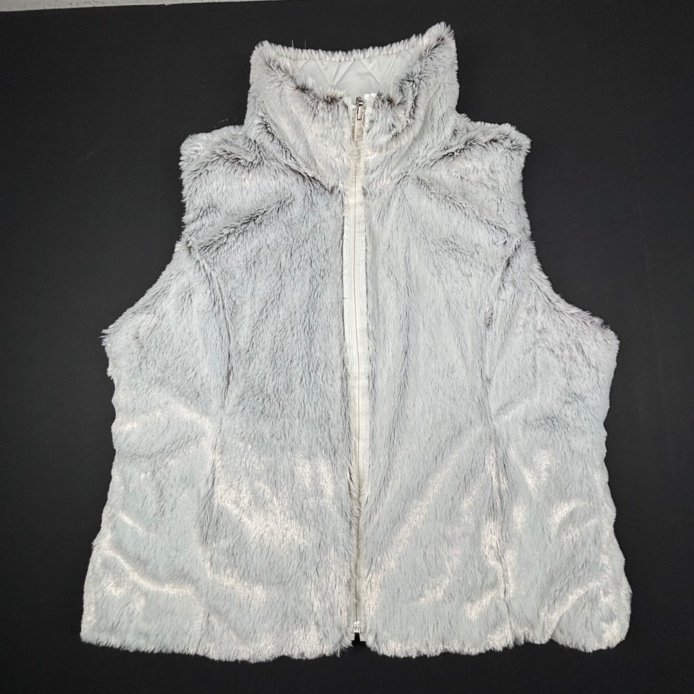 Women's SOFT Faux Fur Reversible Vest Quilted XL Gray White Zip Up Pockets EUC